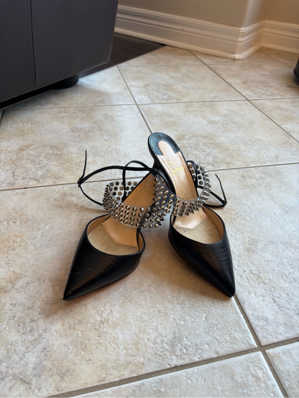 Christian Louboutin Black Pointed Spike Ankle-Strap Pumps